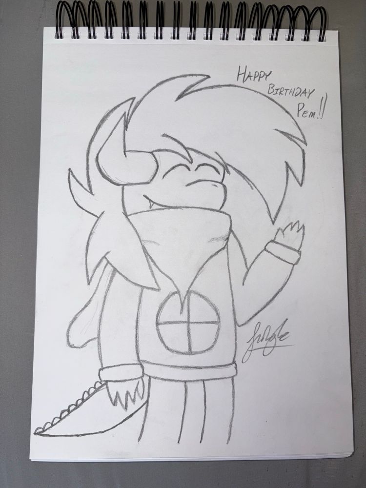 Pencil artwork of a lil dragon guy who enjoys video games 