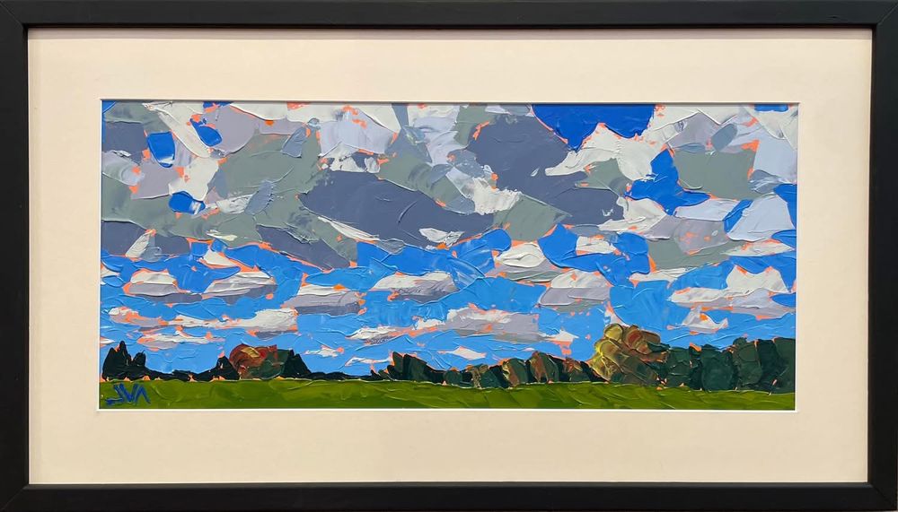 Palette knife painting of a cloud-filled sky over a field, with trees in the distance, acrylic on paper