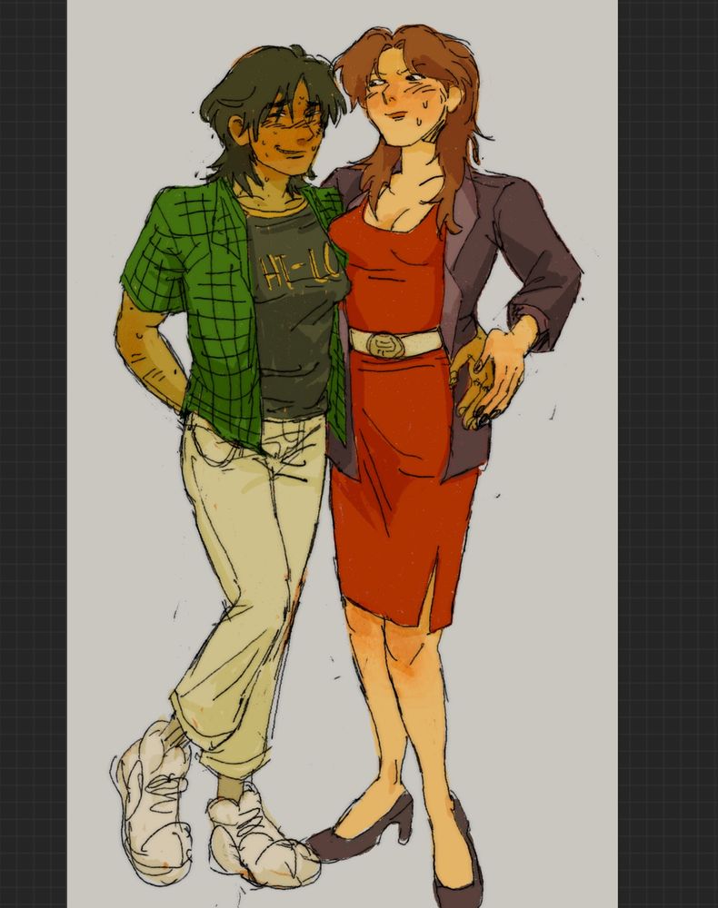 digital fan art of kaiji and ichijou designed to be cis women. kaiji is cheesing and blushing because she is gay and ichijou is hot.