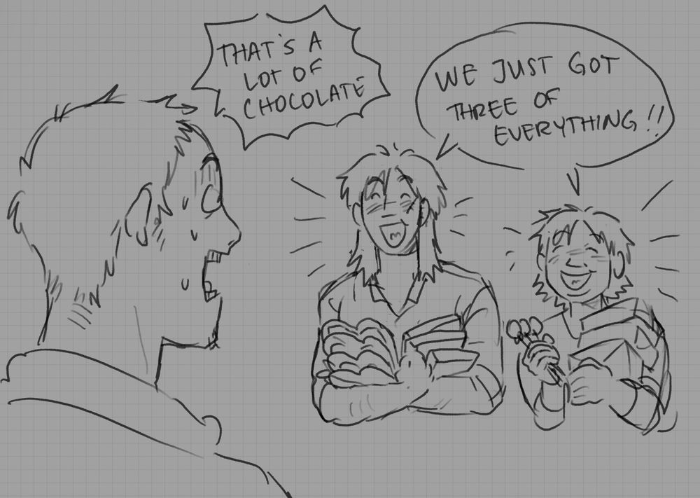 the final panel. kaiji and mario returned home with arms full of piles of boxes and other chocolates. chang, shocked, yells, "that's a lot of chocolate!!" kaiji and mario happily announce, "we just got three of everything!!"
