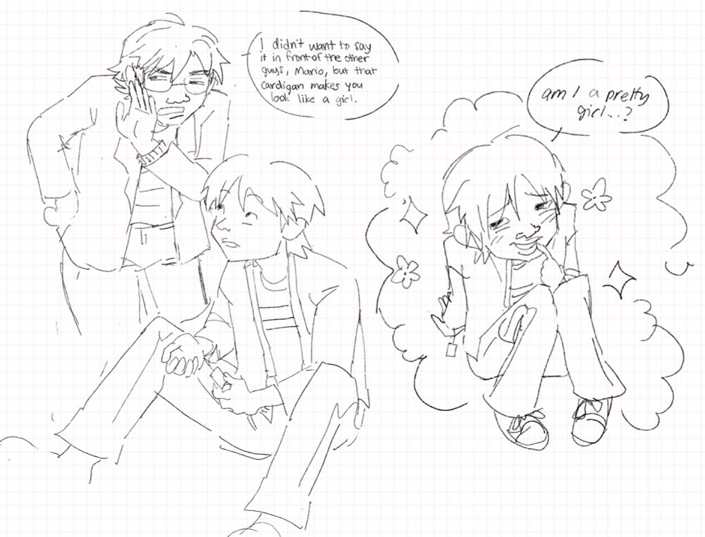 digital fan comic. mario is trying on a cardigan before purchasing it when kazuya leans over him and whispers, "i didn't want to say it in front of the other guys, mario, but that cardigan makes you look like a girl." mario happily blushes and poses cutely asking, "am i a pretty girl...?"