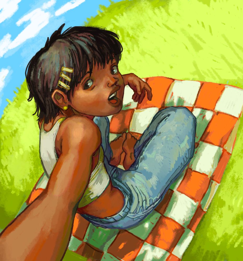 digital fan art of mario garcia taking a selfie outside on a picnic blanket