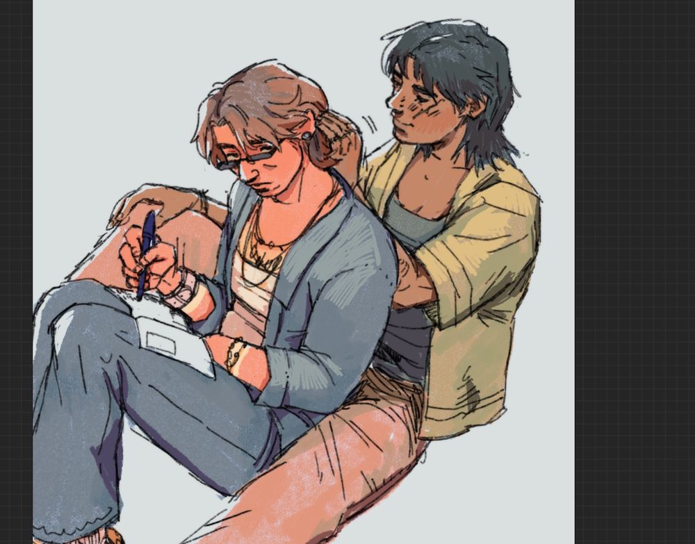 digital fan art, based on a reference, of kaiji playing with kazuya's hair while kazuya writes. their designs are based on an AU.
