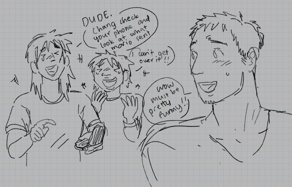 first panel of a kaiji fan comic. kaiji and mario walk up to chang while laughing hysterically. kaiji says, "dude! chang, check your phone and look at what mario sent!" chang replies, "wow, must be pretty funny!"