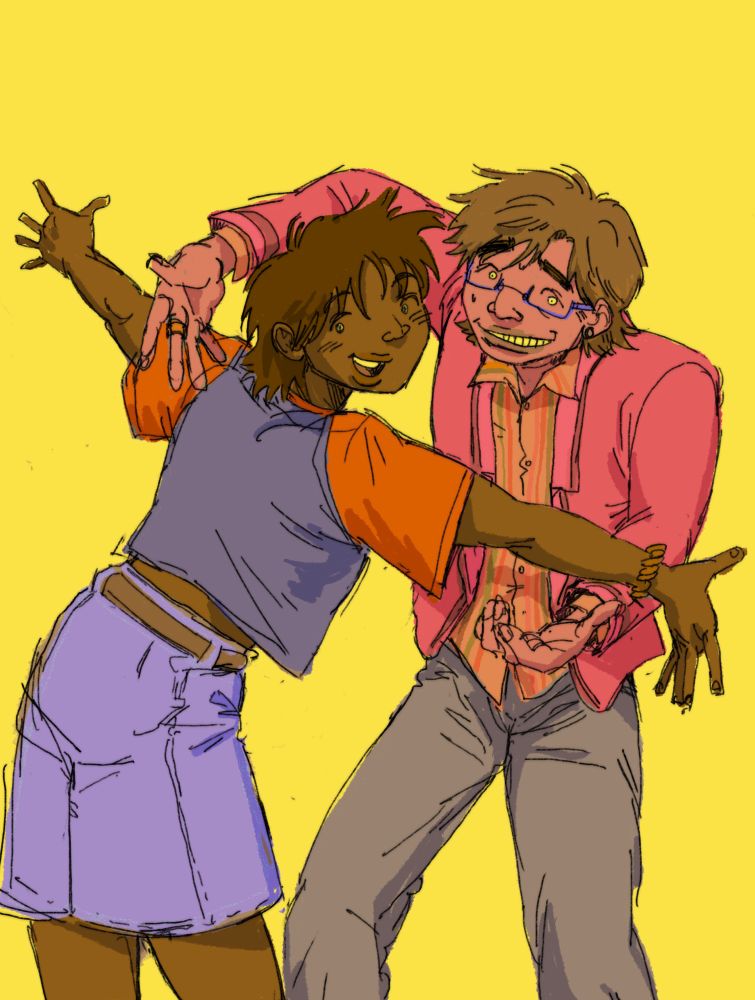 funky fan art of mario and kazuya about to hug. mario is posed comfortably with his arms stretched wide. kazuya is awkwardly reaching around.