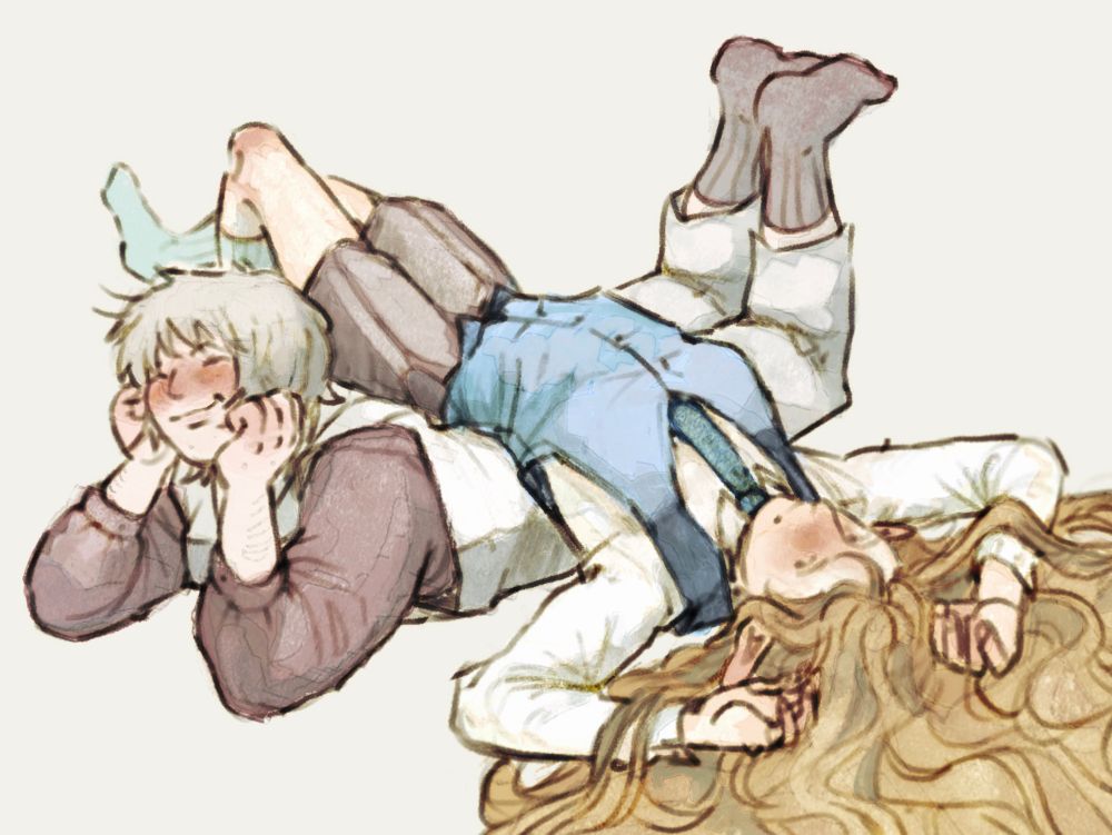 digital fan art of falin and marcille from dungeon meshi. falin is laying on her stomach happily with her chin in her propped hands. marcille is laying across her perpendicularly, chest up, with her hands splayed by her head. both of them are wearing vests, ties, and button-up shirts.