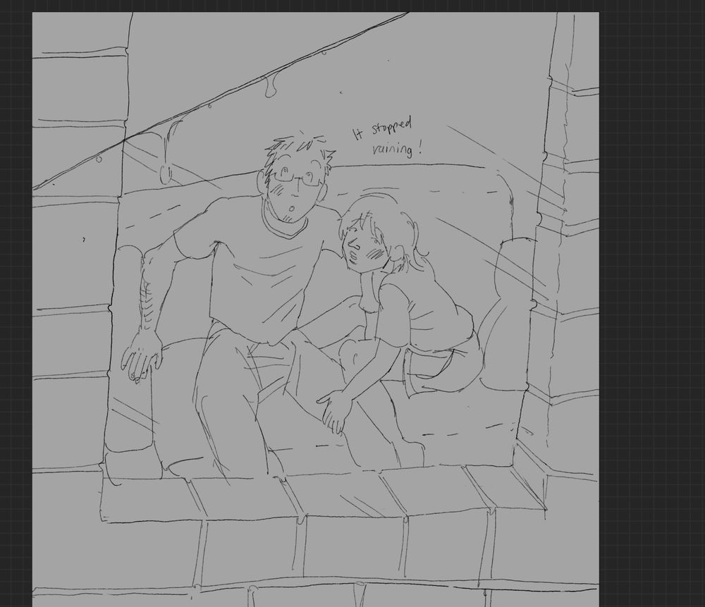 digital doodle of chang and mario looking out their window to notice it is no longer raining. they seem to have been kissing 2 seconds prior but who can say.....