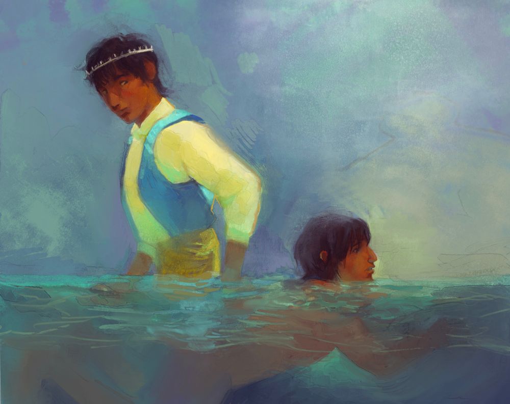 digitally painted fan art of lebannen from earthsea. a young version of himself, arren, is doggy paddling through the sea towards the right. his older self, king lebannen, is standing and wading through the sea to the left. arren stares forward. the king glances backward at his younger, more free self.