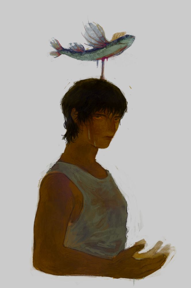 digitally painted fan art of arren, or lebannen, from the third earthsea book. he stands stern and gloomy in a plain, wet undershirt. his wet hair sticks to his face. above him, a flying fish is gutted to bleed onto his head and drip down the sides. his hands are cupped and vaguely seem to be holding water, though it spills.
