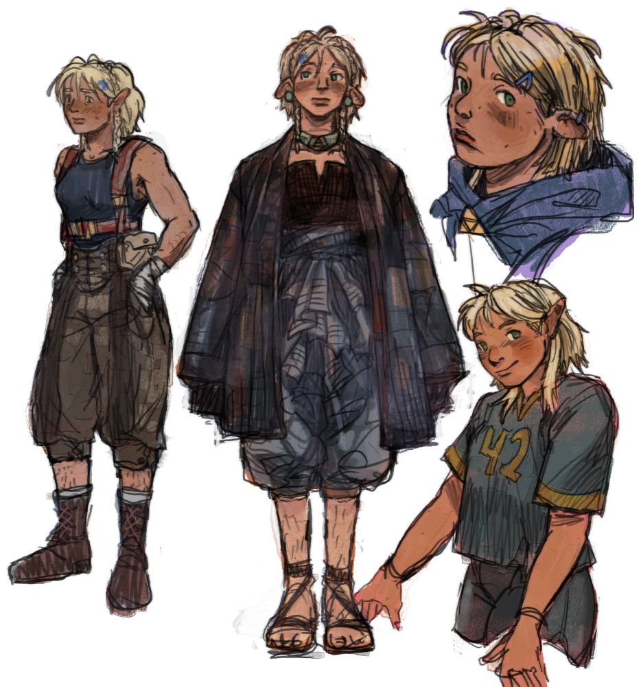 page full of four digital drawings of zelda hyrule from breath of the wild with short hair in various outfits
