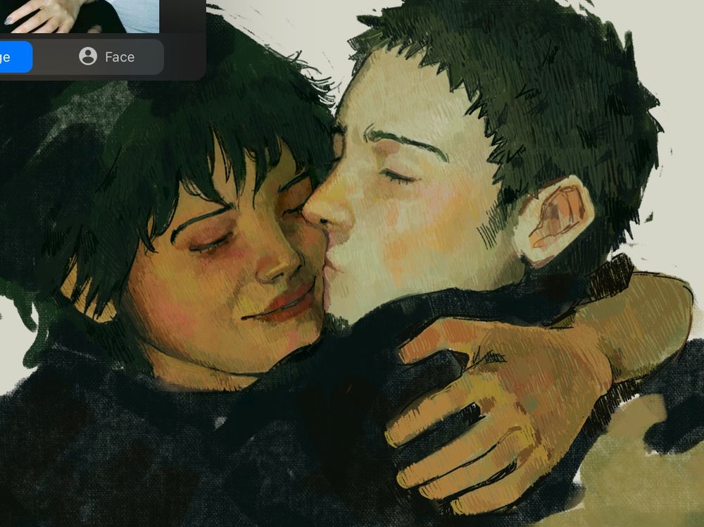 digital fan art, based on a reference, of chang smooshing a kiss into mario's face