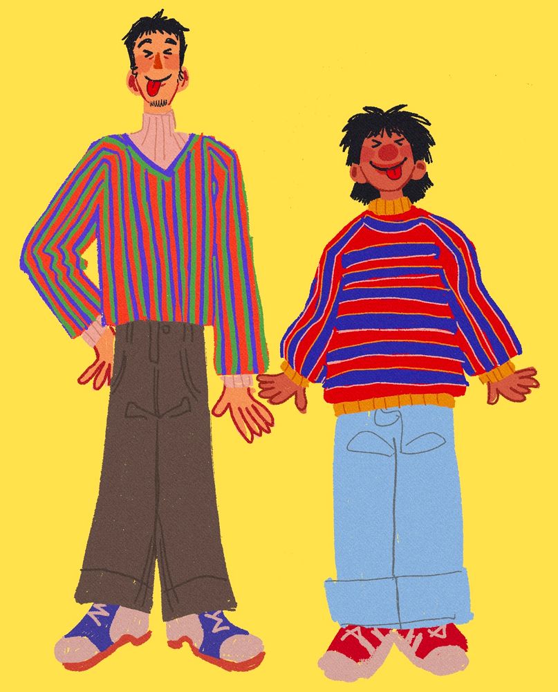 digital fan art of chang and mario from the kaiji manga. they are dressed like bert and ernie, respectively, from sesame street. the colors and style are bright, cartoony, and happy, and the background is a bright yellow.
