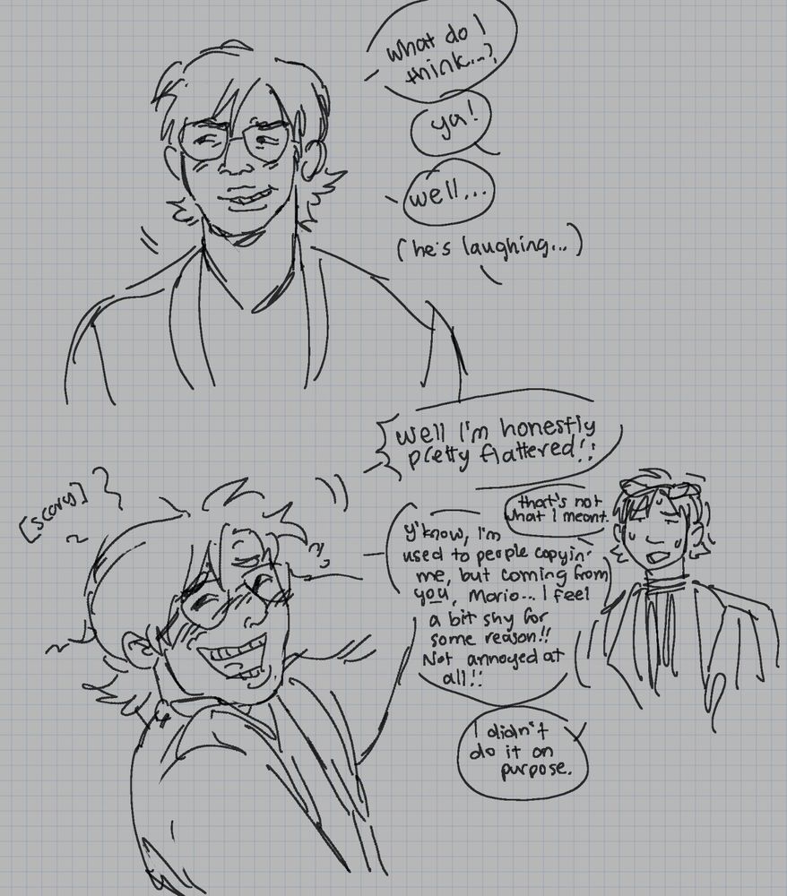 the next two panels of the comic. kazuya, holding back a grin and looking away, says, "what do i think...?" mario offscreen says, "ya!" kazuya says, "well..." and mario inwardly notes that kazuya is laughing. in the next panel, kazuya breaks, turning his head away and blushing with a huge, kind of scary grin. he continues, "well i'm honestly pretty flattered!!" mario, disappointed, says, "that's not what i meant." kazuya goes on: "y'know, i'm used to people copyin' me, but coming from you, mario... i feel a bit shy for some reason!! not annoyed at all!!" mario says, "i didn't do it on purpose."