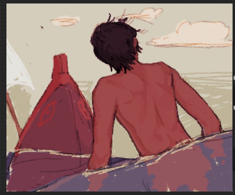 pixelated digital fan art of lebannen from the earthsea series. he is seen nude from behind, hip-deep in the sea with lookfar jostling in the waves in front of him.