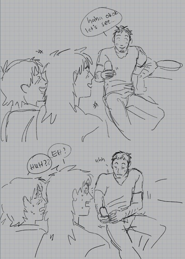 the next two panels. in the first, kaiji and mario continue giggling while chang happily gets out his phone. in the second, chang holds the phone away from himself and squints at it to read the text message. kaiji and mario's faces simultaneously drop in shock.