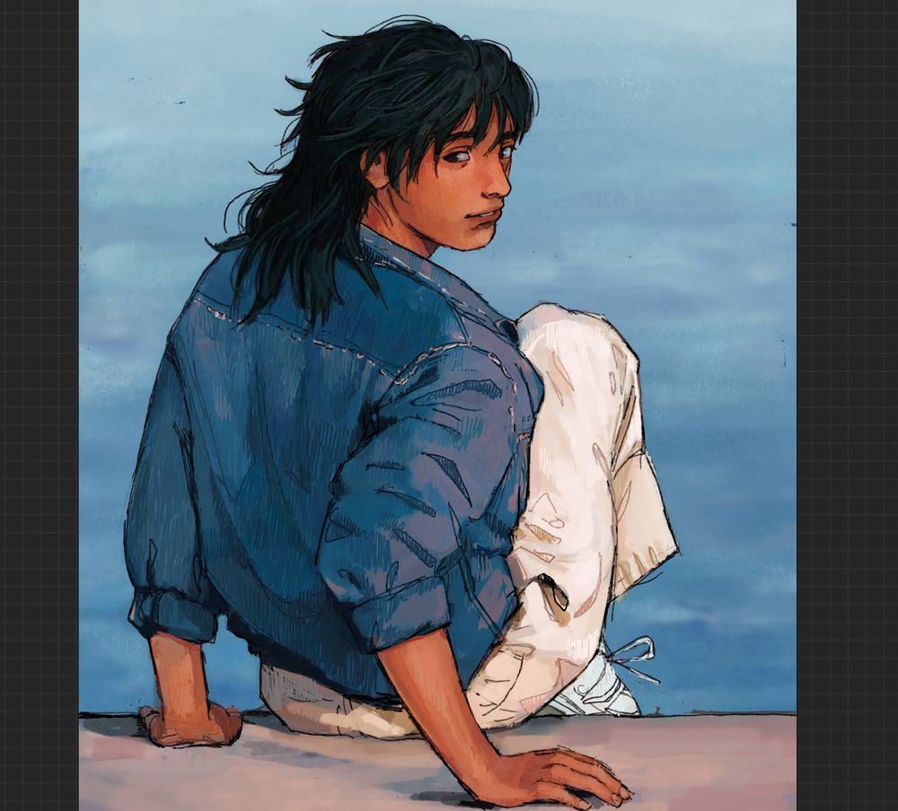digital fan art, based on a reference, of kaiji in the sun in front of the sea