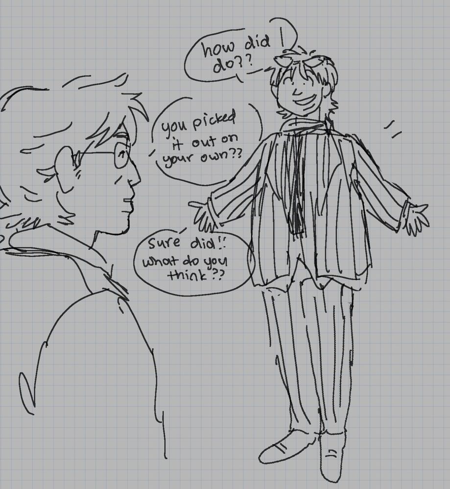first panel of a kaiji fan comic. mario, standing proudly in front of kazuya and dressed in his kazuya-based outfit, asks, "how did i do??" kazuya says, "you picked it out on your own??" "sure did!! what do you think??"
