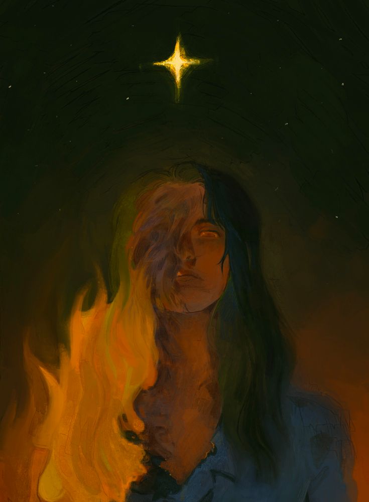 digitally painted fan art of tehanu from the sixth earthsea book, the other wind. the woman is standing outside at night with the star tehanu above her. her right side is burning from her chest up to her face. she stares directly and intensely at the viewer with her one eye.