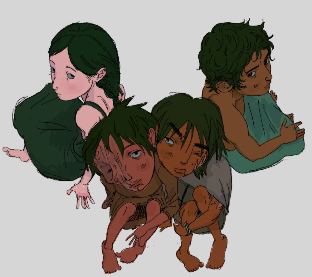digital fan art of tenar, tehanu, ged, and lebannen from earthsea as children in a cartoony style. they are sitting on the ground viewed from above. tehanu and ged have the unscarred halves of their faces pressed together.