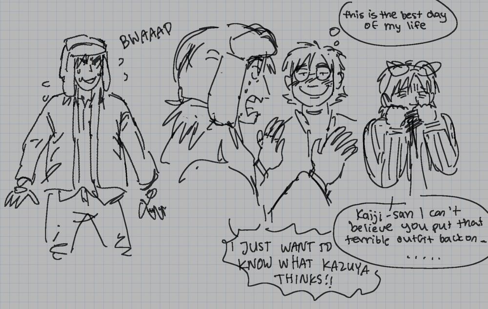the final two panels. the first reveals the voice to be from kaiji who stands in awkward excitement in his own wealthy-person-cosplay. it is hideous. in the final panel of the comic, mario is pulling his scarf over his face with embarrassment, saying, "kaiji-san, i can't believe you put that terrible outfit back on..." kaiji desperately assures, "i just want to know what kazuya thinks!!" kazuya, meanwhile, is staring at kaiji and blushing with a huge dopey smile, thinking, "this is the best day of my life."