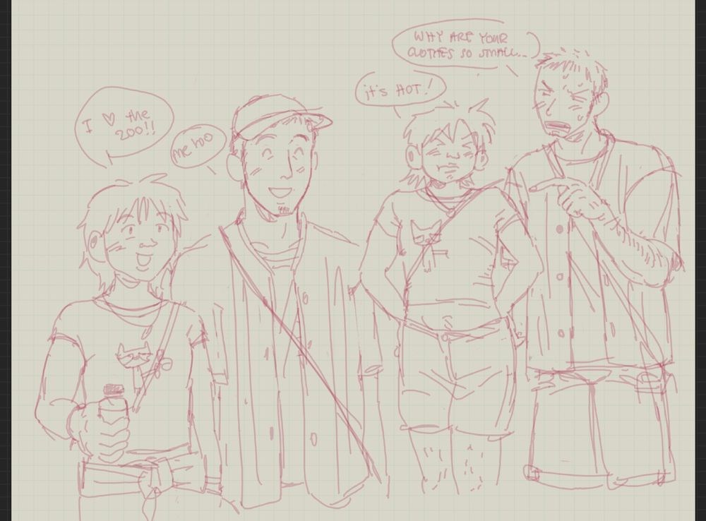 digital doodles of mario and chang dressed for the zoo. mario is wearing a tiny pete the cat shirt. chang scolds, "why are your clothes so small!?" and mario pouts, "it's hot!" ... in the accompanying doodle, mario has a jacket around her waist covering her otherwise exposed tummy.