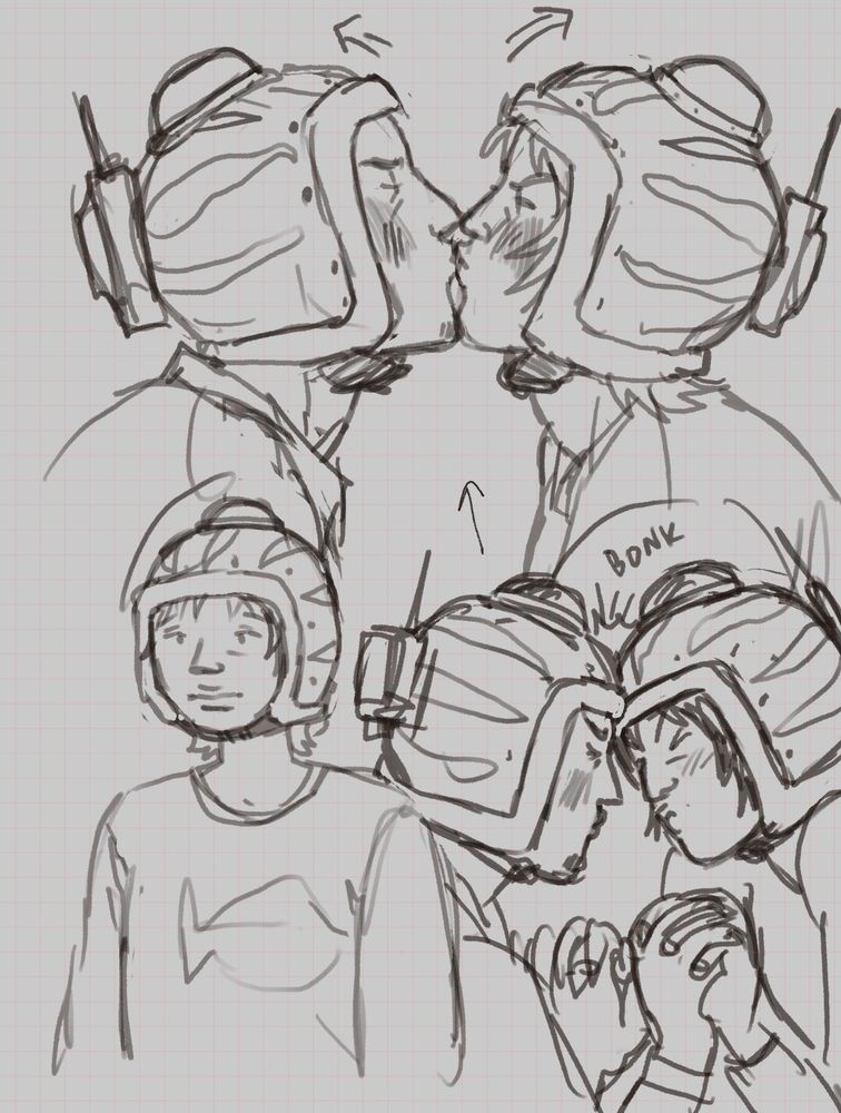 chanmari doodles. their helmets bump when they try to kiss so they crane their heads back to kiss.