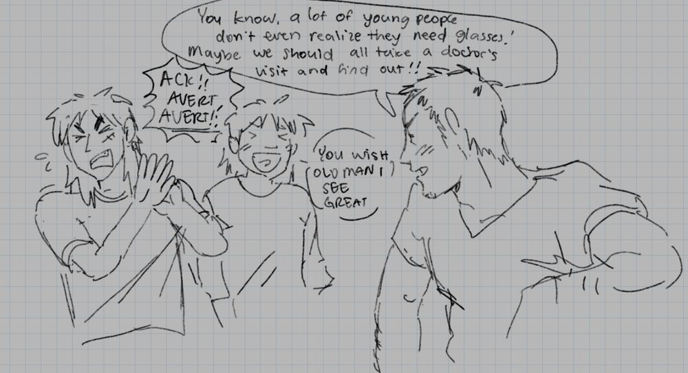 the final panel. chang jeers at them saying, "you know, a lot of young people don't even realize they need glasses! maybe we should all take a doctor's visit and find out!!" kaiji crosses his hands in front of himself and shouts, "ack!! avert, avert!!" while mario continues laughing, "you wish, old man! i see great!" (this is actually a true mario fun fact!)