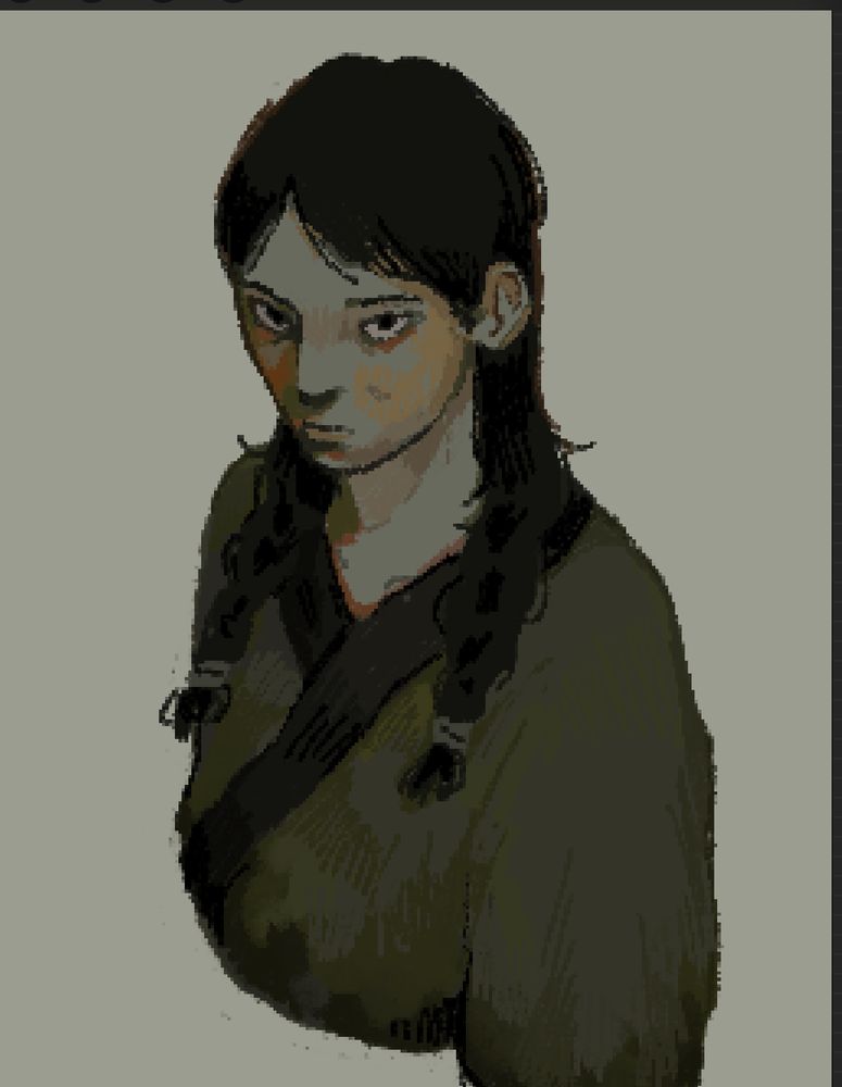 pixelated digital fan art of arha from earthsea. she looks up at the viewer darkly with braided hair.