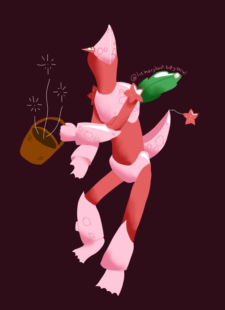 A lineless soft shaded drawing of a robot anthropomorphic boat looking upwards based on a crescent moon for the hull and a leaf for the sail. He has pink armor with red underarmor, red star shaped shoulder pads with yellow dots like strawberry seeds with a matching lantern dangling on its tail, red crystal horns, and carrying a basket with stars.