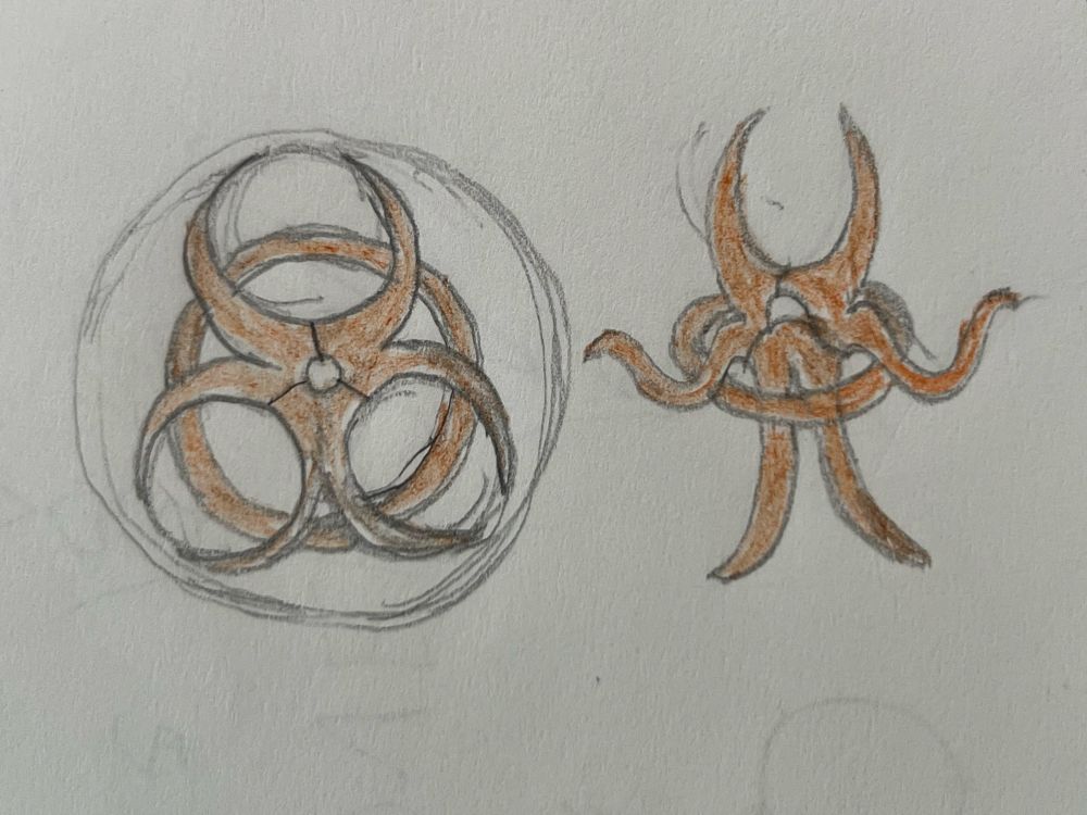 An orange biohazard symbol drawn as a finger with tentacle limbs, horns, one eye in the center, and a hoop.