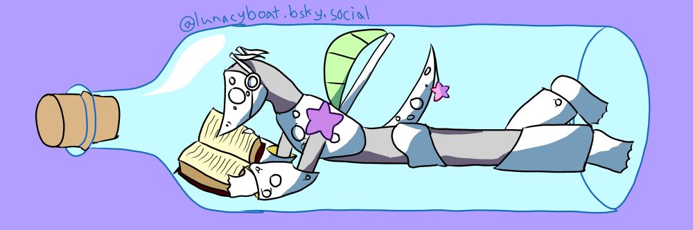A digital drawing of a robotic anthropomorphic sail boat in a bottle lying on his belly reading a book with a curved pointed snout, long tail, and white armor to resemble a crescent moon and a leaf for a sail. He has ear cuffs with antennae resembling eighth notes, a purple star shaped shoulder pad on its right, webbed feet and hands, grey under armor, and a star ornament dangling on the tip of his tail that’s purple on one half and pink on the other.