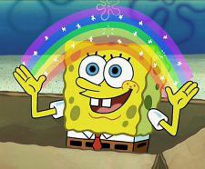 Foto do personagem Bob Esponja calças quadradas com as mãos levantadas e um arco-íris no meio delas