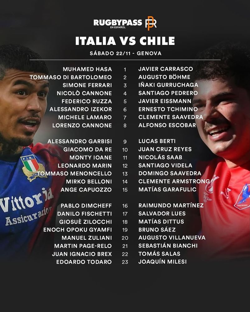 Image with the team lists of Italy and Chile. Article with both team lists: https://www.americasrugbynews.com/2025/11/20/november-internationals-2025-italy-vs-chile-arn-guide/