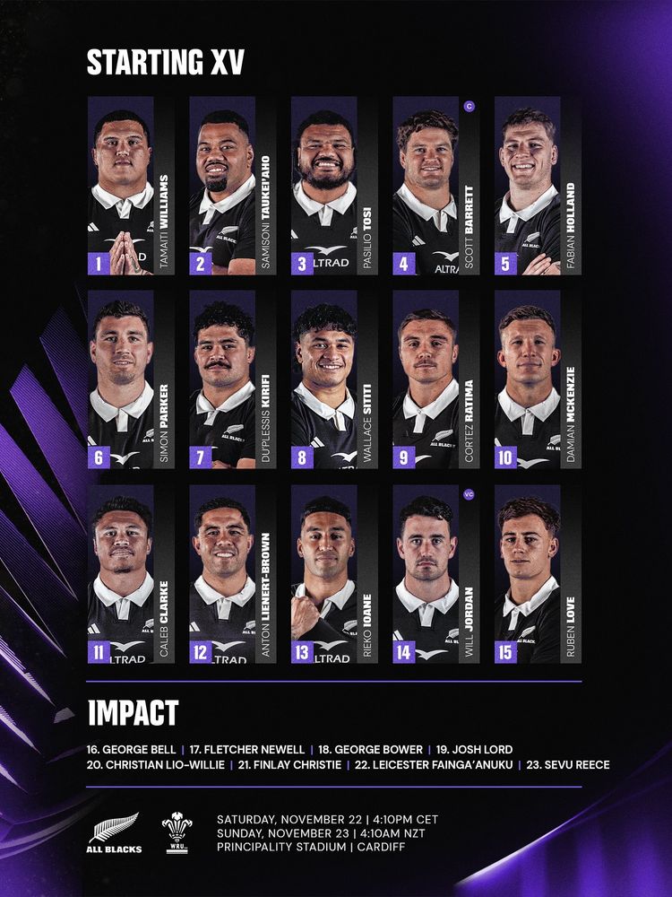 Image with the team list of New Zealand for the test against Wales. Media release with the team naming: https://www.allblacks.com/news/all-blacks-team-to-play-wales-in-cardiff