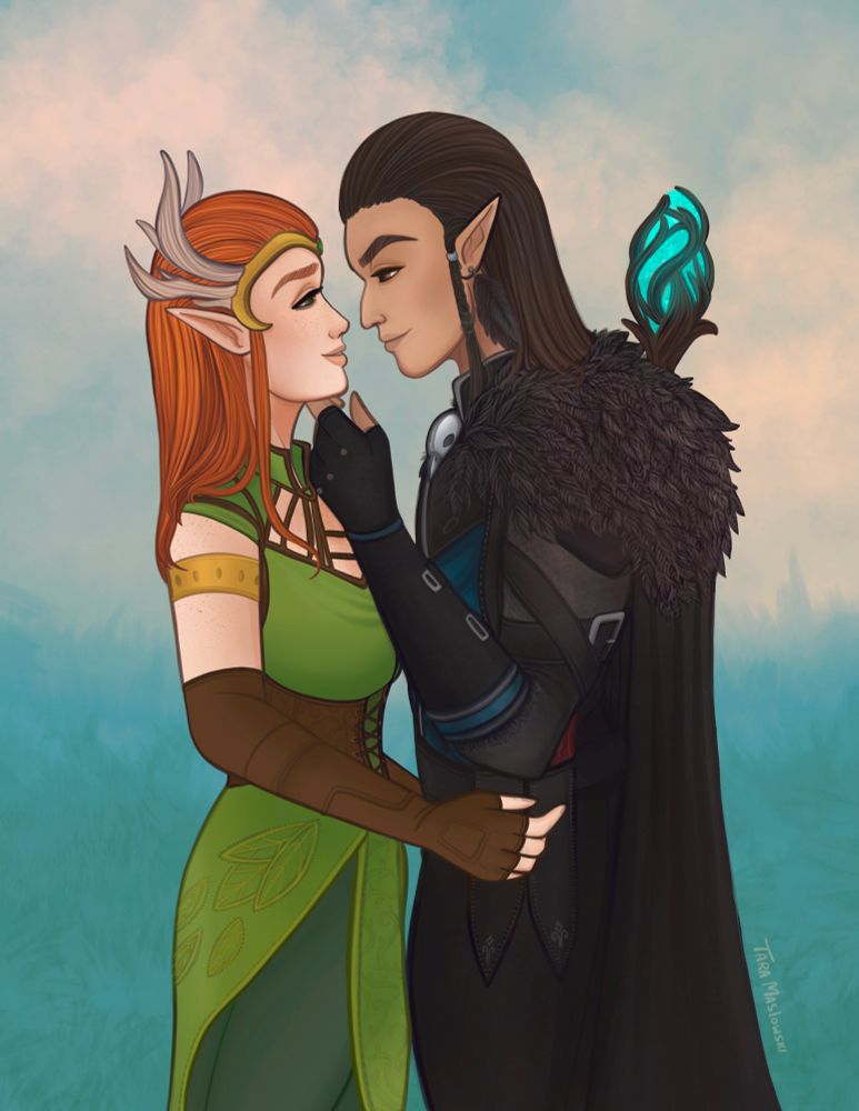 Fanart drawing of Keyleth and Vax’ildan from Critical Role’s Vox Machina campaign looking into eachother’s eyes.