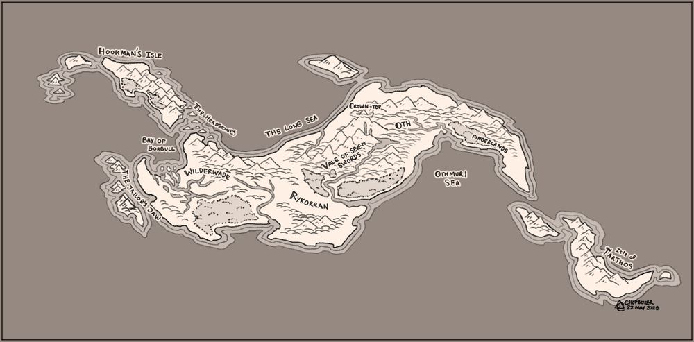 A drawn fantasy map of a curved and mountainous island chain. Its western end is a wetland region, while the isle's centre is a series of mountains and valleys. Its eastern end is the most hilly and mountainous, curving like a hook out to sea.