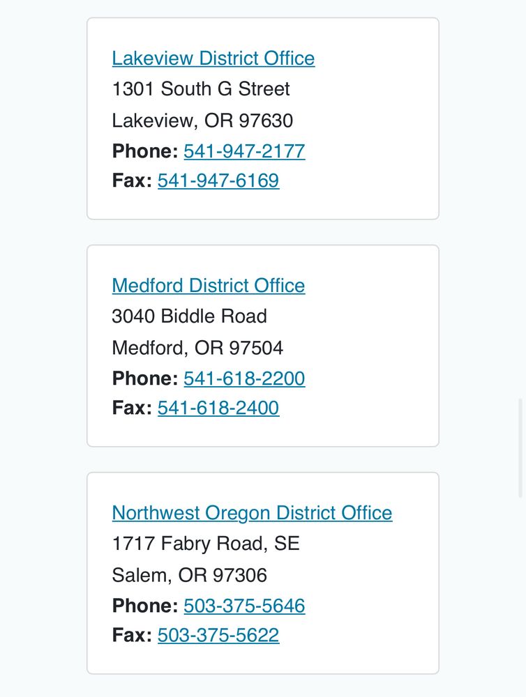 Contact info for Washington and Oregon BLM offices. 