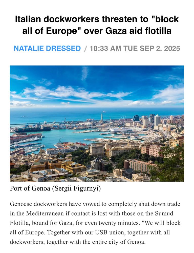 Genoese Italy dockworkers threaten to shut down ports if freedom flotilla loses contact. 