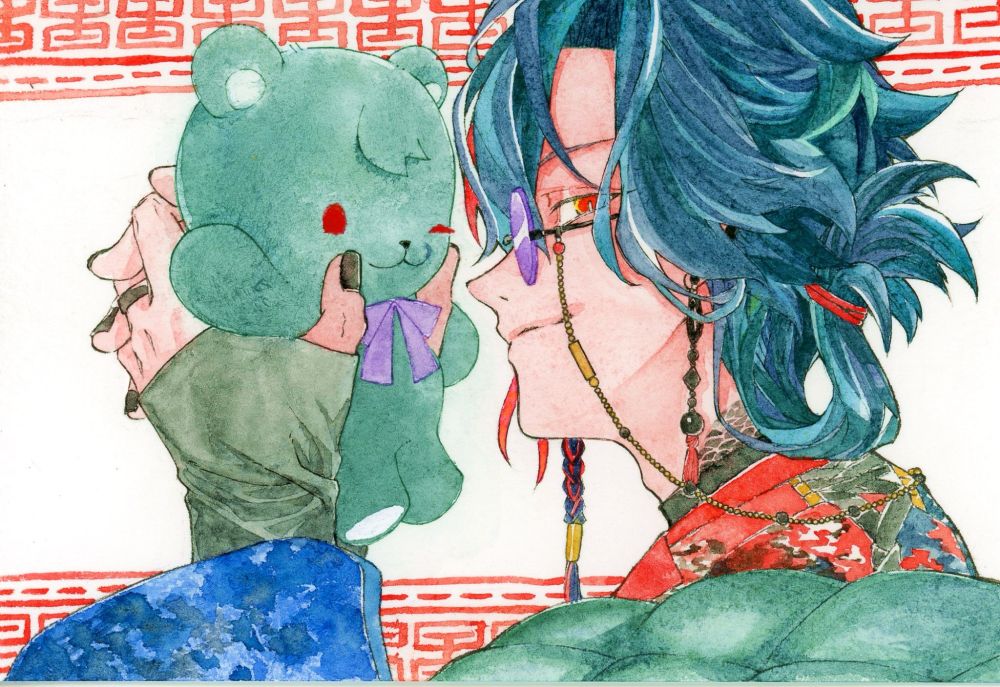 にじさんじの魁星さんがクマのK.Kを持ってこちらを見ている