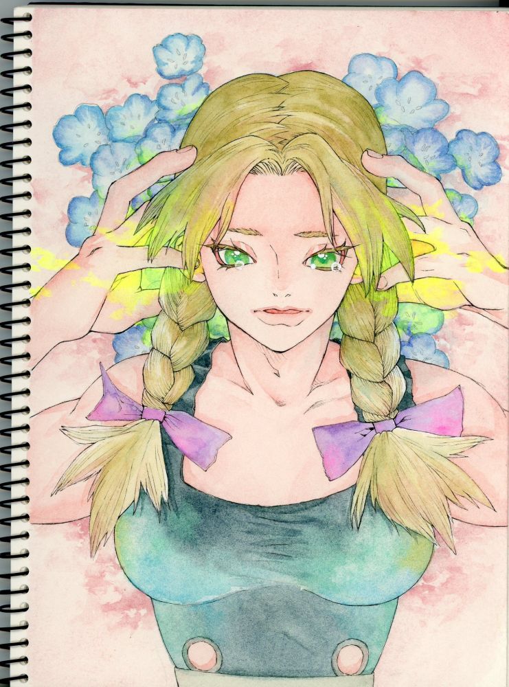 Dr.STONEのキャラクター、花田仁姫のイラスト。ヘッドホンを被るように両耳に手を当てている。両目には涙。彼女を救った音楽が両耳から溢れるように光が漏れる。バックにはネモフィラ。背景色は桜色。