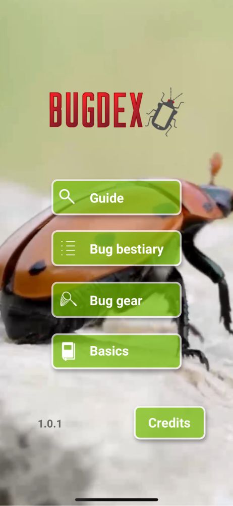 Home Screen of Bugdex showing the contents of the App, including a Guide, a Bug Bestiary, a walk through of Bug Gear, and the Basics of Insect Biology