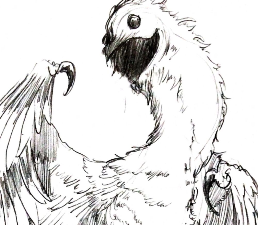 A close-up of a DZUNDZUNCAN, a wicked bird several meters tall. Its eyes and mouth hold pure darkness.