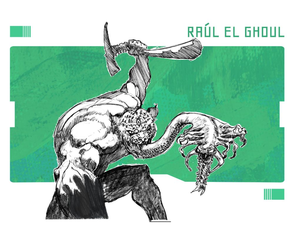 The art of HAK MADZ, a demon from the Red Path. Its head is that of a feline, and its tongue is a serpent with hundreds of fangs. The demon strikes a menacing pose, holding its pick-shaped weapon above its head.

Behind the artwork, the name of its artist, Raúl el Ghoul, is displayed.