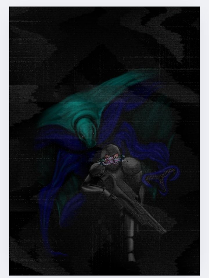 An unclassified XENO attacking a Z-KOM soldier. The alien is a large, six limbed ray-like creature, bearing green and blue colors.

The soldier has an advanced weapon and armor resembling those of a Gray Hawk, their face is blurred for their family's protection. 