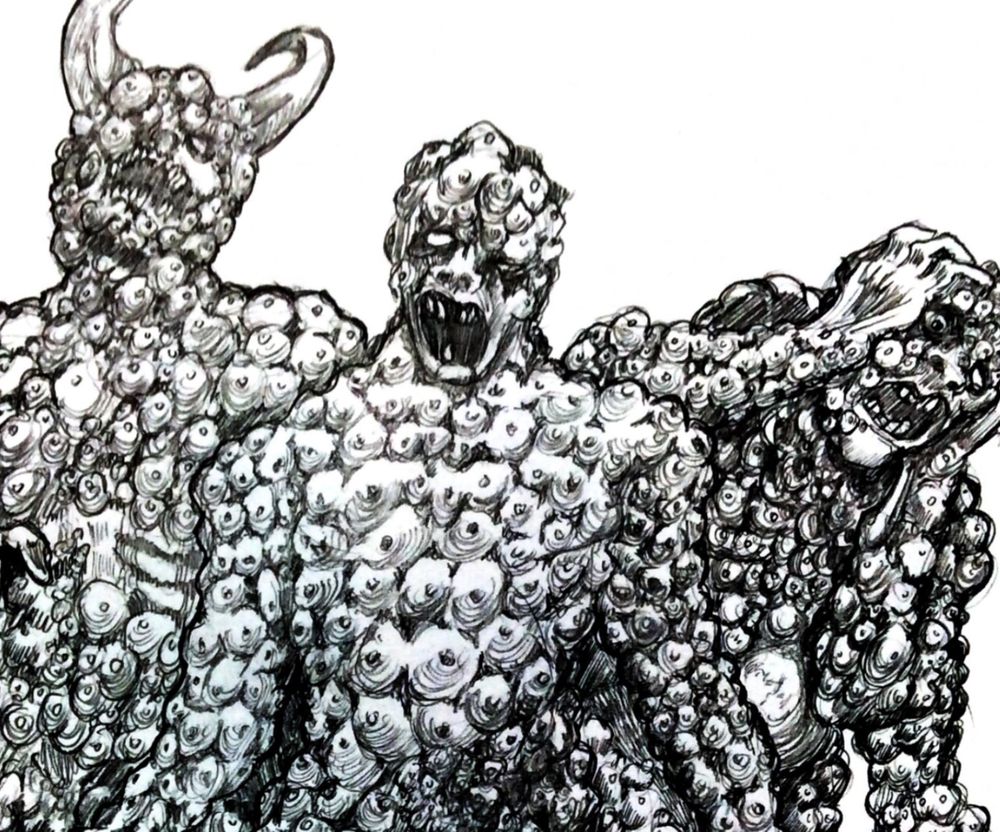 Three BOFOS, demons of rot that exist in constant suffering. Their bodies are covered in pustules.