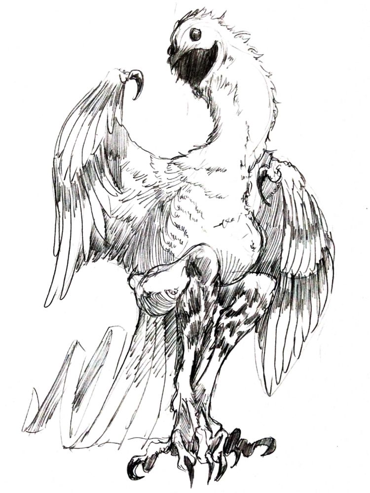 A giant bird demon. Its mouth and eyes are completely dark, its belly holds corrosive liquids, and both of its legs combine into a single claw. Its beautiful, curvy tail contrasts with its horrific body.