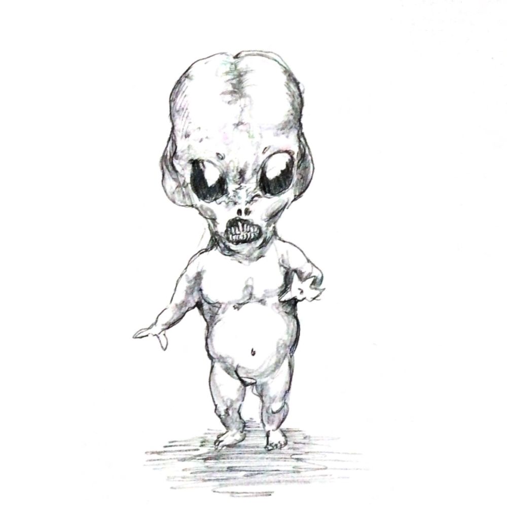 A small humanoid with a head as large as its body. It has big black eyes, two orifices for a nose, and no lips.