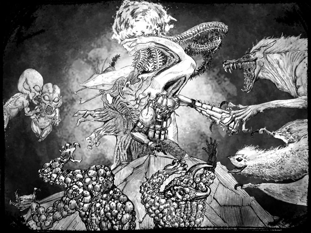 Una escena de batalla entre los 4 XENOS originales y un grupo de demonios de la Senda Roja. Los XENOS mantienen la ventaja utilizando el terreno alto como punto de defensa. Los demonios llegan de todas direcciones a atacarles.