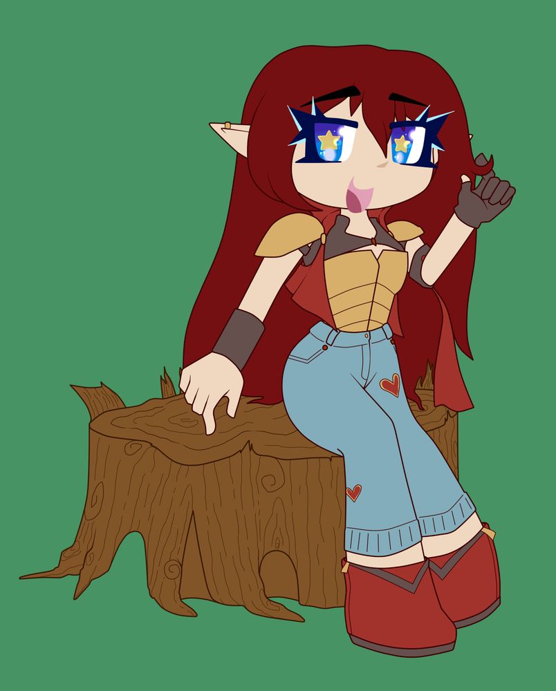 a red haired elf sitting on a tree stump