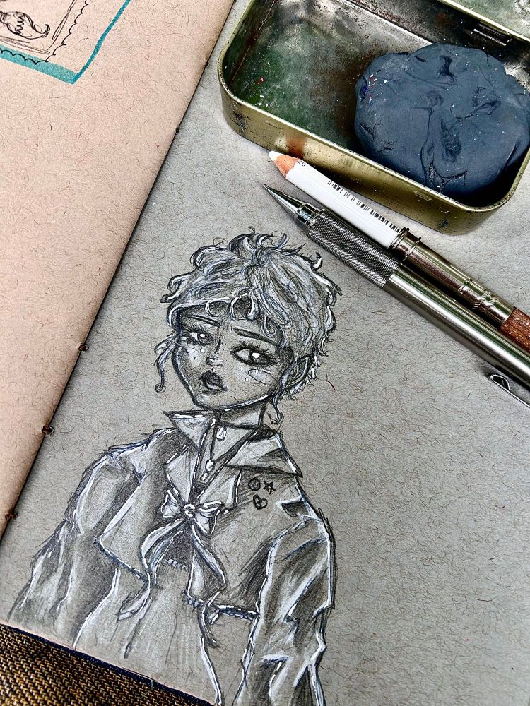 Sketch of a girl with a wavy pixie haircut and an oversized cropped jacket. 